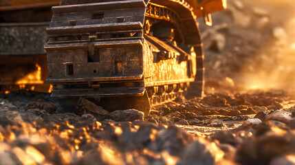 Industrial detail of excavator crawler tracks on soil