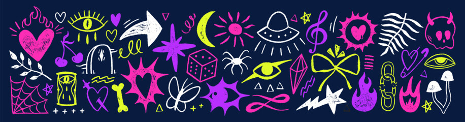 Grange punk elements with chalk or crayon texture. Hand drawn halloween shapes of fire, eye, heart. Doodle vector illustration.