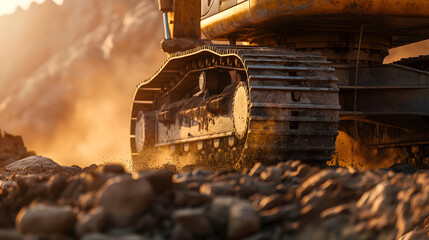 Industrial detail of excavator crawler tracks on soil