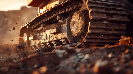 Macro close-up of excavator metal tracks on dirt ground