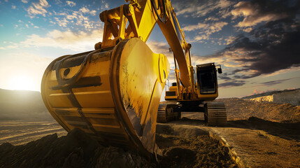 Construction scene with yellow excavator in action, low view