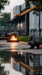 Naklejka premium An astronaut sits cross-legged, roasting marshmallows over a campfire, illuminated by the firelight in a starry setting