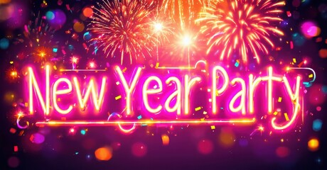 Bright fireworks display celebrates new year. Neon text proclaims party atmosphere, vibrant colors dominate scene.
