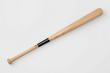 Wooden baseball bat with black grip lies on white background, showcasing its smooth texture and classic design