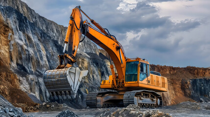 Yellow Excavator in Rocky Quarry with Raised Bucket and Cliffs