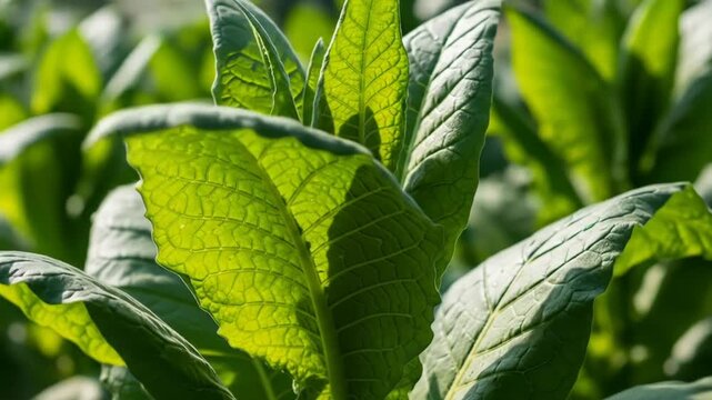 Close Up Of Vibrant Green Tobacco Leaves Shimmering In Natural Sunlight Revealing Detailed Veins Against a Softly Blurred Outdoor Background