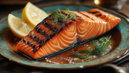 Savor succulent grilled salmon with fresh lemon and dill, a gourmet delight for any discerning palate seeking healthy, delicious cuisine
