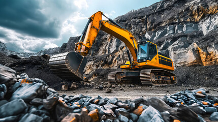 Yellow excavator working in stone quarry with steep walls