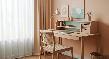 Fototapeta premium Minimalist Home Office Desk Workspace with Decor and Natural Light