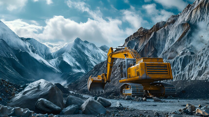 Yellow excavator working in stone quarry with steep walls