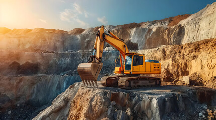 Yellow excavator working in stone quarry with steep walls