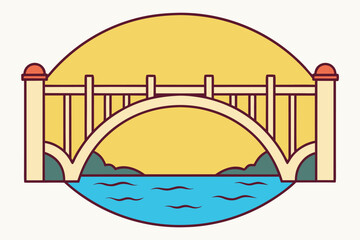 Arch bridge over water with stylized trees and a yellow oval background architecture structure