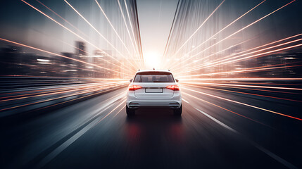 White car driving at high speed on a city road at night with light trails