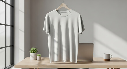 Clean White T shirt Mockup on Hanger in Minimalist Room with Shadows