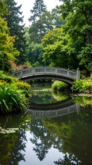 Serene garden bridge over tranquil pond