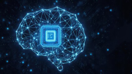 Stunning digital brain visualization with glowing neural network and central processor, symbolizing AI and innovation.