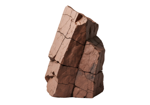 A detailed close-up view of a textured, reddish-brown rock formation, exhibiting deep fissures and cracks, against a stark black backdrop.