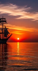 Obraz premium A majestic sailing ship silhouettes against a vibrant sunset over tranquil water, showcasing the dramatic hues of orange and red.
