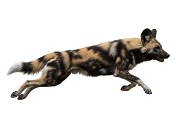 A captivating image of a painted hunting dog in dynamic motion against a stark black background.