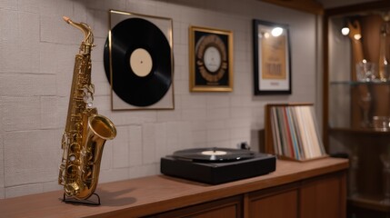 Vintage 1940s Jazz Club Scene Featuring Saxophone and Vinyl Records in Cozy Museum Room