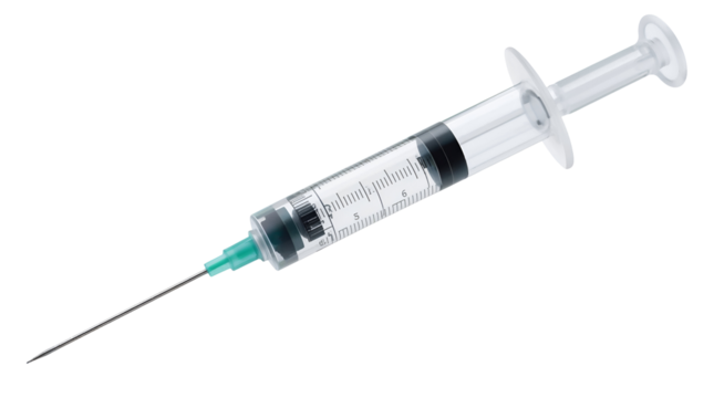 Clear medical syringe with green cap and needle showing measurement markings transparent background. isolated on a transparent background