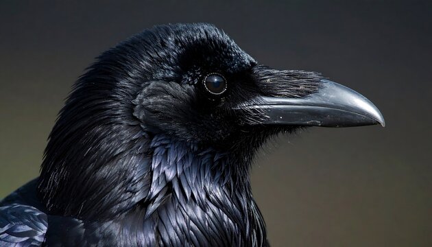 Majestic Black Raven in Profile CloseUp Portrait of Feathered Beauty.