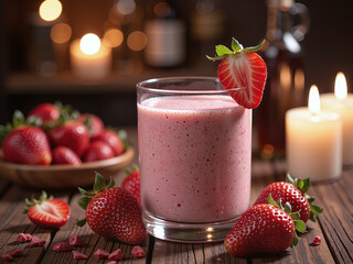 Strawberry milk juice under candlelight conveys sweetness and romance.