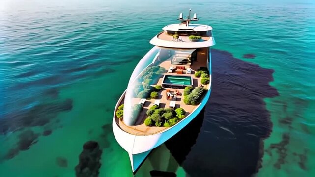 A modern, futuristic yacht with a glass enclosed space on the upper deck, floating in clear blue waters with a green algae-filled area nearby.