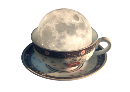 Full moon in ornate teacup on saucer isolated on a transparent background image 1 - Powered by Adobe
