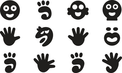 Collection of playful handprint footprint and face icons in black and white