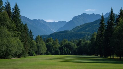 Scenic Natural Backdrop of Majestic Mountains with Lush Green Landscape Under Clear Blue Sky