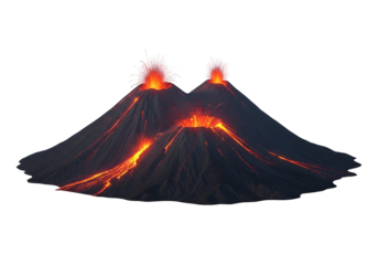 Two active volcanoes erupt, showcasing fiery lava flows and plumes of steam against a stark black background.