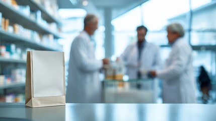 The image features a paper bag placed on a pharmacy counter with the background showing blurred pharmacists, highlighting healthcare services, medication distribution, and the professional atmosphere