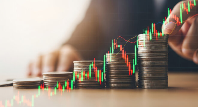 Growing Investments A Visual Representation of Financial Growth with Stacks of Coins and an Overlay of Stock Market Trends for Wealth Accumulation and Prosperity