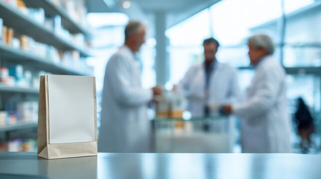 The image features a paper bag placed on a pharmacy counter with the background showing blurred pharmacists, highlighting healthcare services, medication distribution, and the professional atmosphere - Powered by Adobe