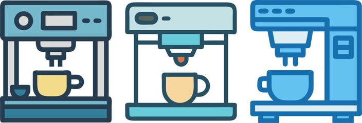  diverse and colorful coffee machine icons, representing beverage brewing technology