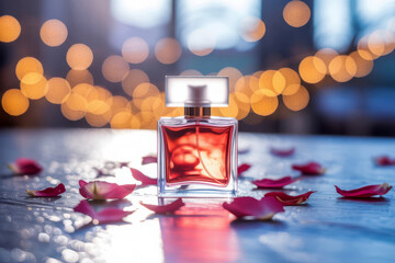Perfume bottle with rose petals and glowing bokeh lights