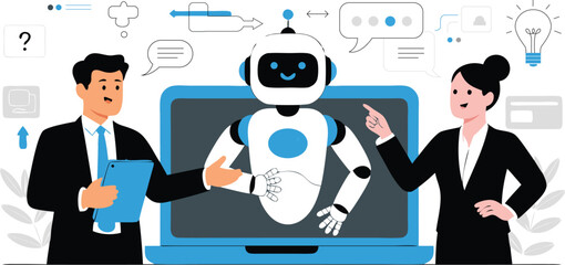 Business team collaborating with AI robot on a laptop screen