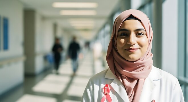 Portrait of a confident Muslim female doctor in a hijab wearing a pink ribbon for breast cancer awareness in a hospital hallway - Powered by Adobe
