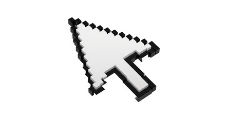 3D Black and white cursor arrow pointing up and to the left on a white background. Retro-style arrow cursor. a retro pixel white cursor arrow pointer icon.