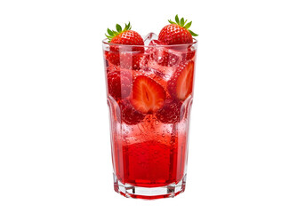 A refreshing beverage, composed of vibrant red strawberries, ice, and a sparkling drink, presented in a tall glass against a striking black backdrop.