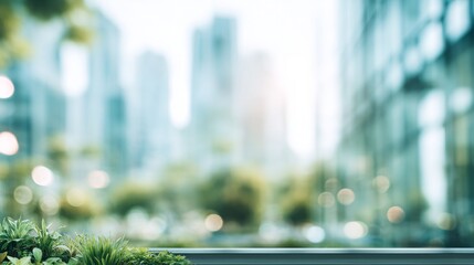 Modern cityscape backdrop blending abstract urban elements with lush greenery, ideal for sustainable business concepts, emphasizing a blurred city background and thriving plants to inspire