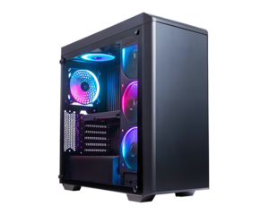 Gaming P C with R G B fans on white background png isolated on a transparent background