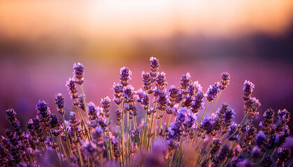 Naklejka premium Lavender Flowers Detail And Blurred Background With Beautiful Sunset Color Effect