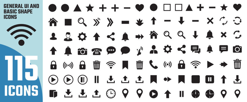 Collection of 115 diverse black and white vector icons representing communication symbols technology and common graphic elements for digital design