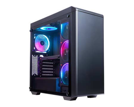 Gaming P C with R G B fans on white background png isolated on a transparent background - Powered by Adobe