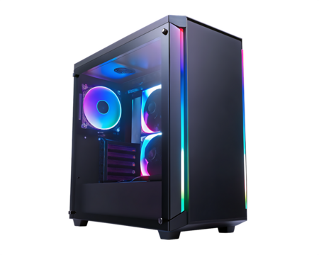 Gaming computer tower with R G B lighting isolated on a transparent background image 1