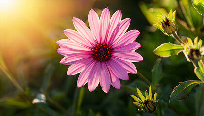 Obraz premium Pink Flower With A Dark Center Blooms In Sunlight Among Greenery