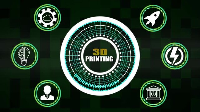 3D Printing Concept with Central Hub and Surrounding Icons 3D printing additive manufacturing