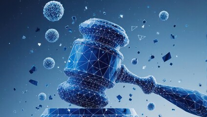 Striking digital gavel represents abstract legal judgment and technological justice in futuristic cyberspace